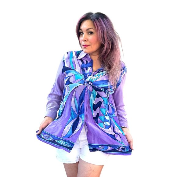 Diane Gilman Stained Glass Printed Silk Blouse With Blue Gem Details Long Sleeve - Picture 10 of 12